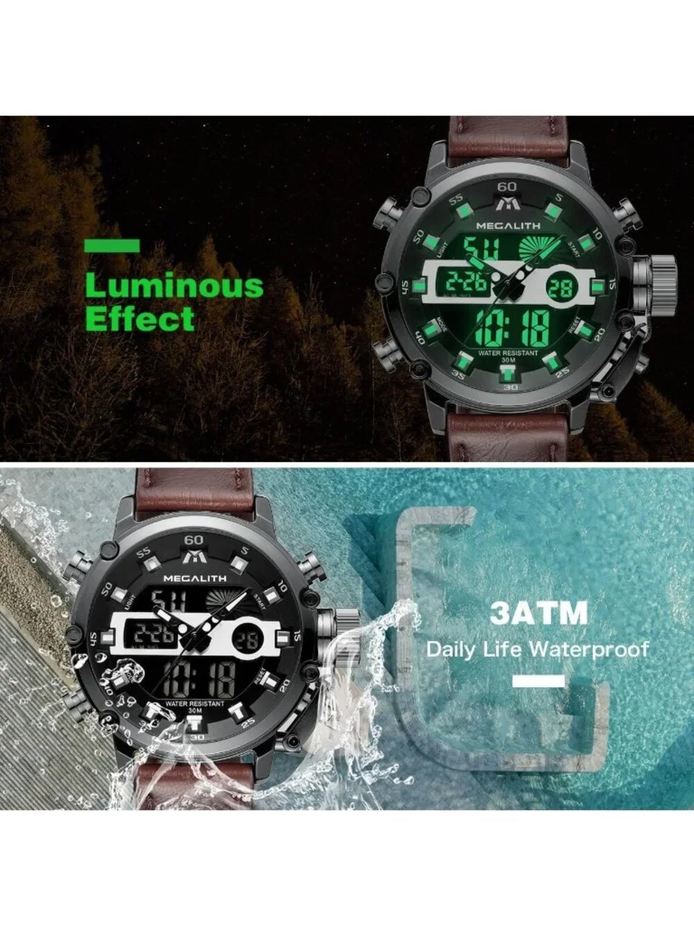 Mens Brown And Black Analog Leather Strap Waterproof Multifunction Digital Watch